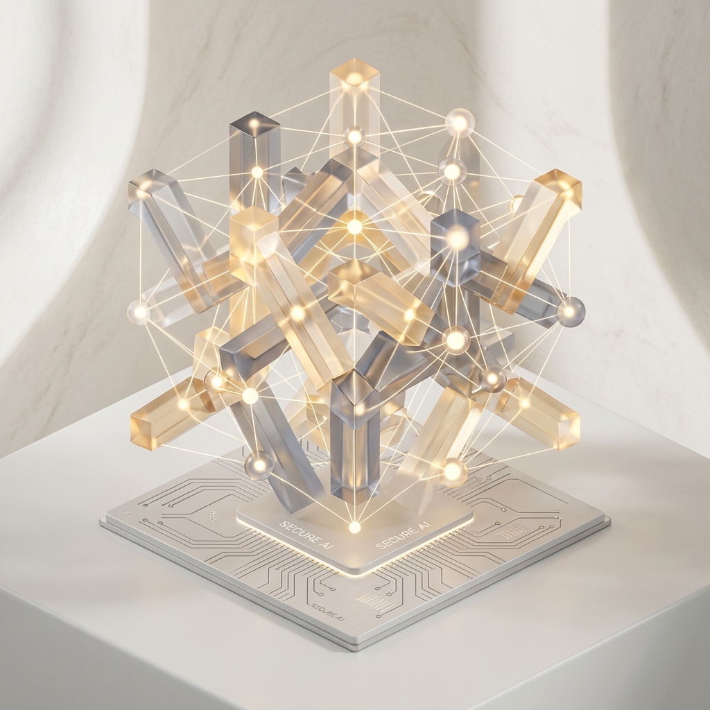 Abstract 3D render of a microchip node network representing secure AI and systems architecture